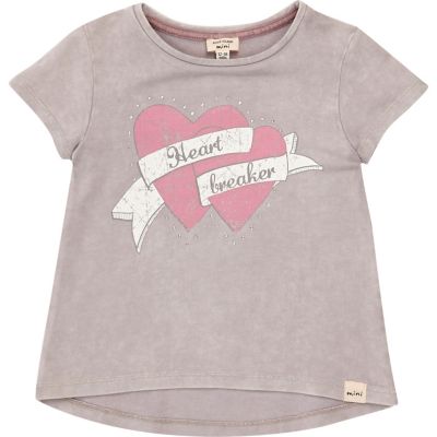 Mini girls grey heartbreaker print T-shirt